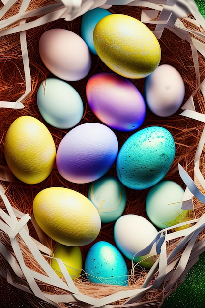 Feestelijke Pasen verticale poster sjabloon met kleurrijke kleurrijke eieren website sjabloon Voorjaarsvakantie Paaseieren in een mand Happy Easter Easter eggs set