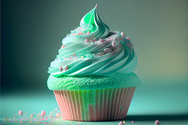 Feestelijke pastelgroene cupcake met glazuur en hagelslag gegenereerd door generatieve AI