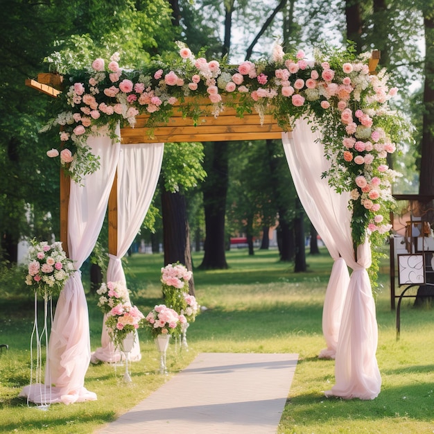 feestelijke plaats bloemenrozen decoraties voor buiten huwelijksceremonie in groen park Bruiloft