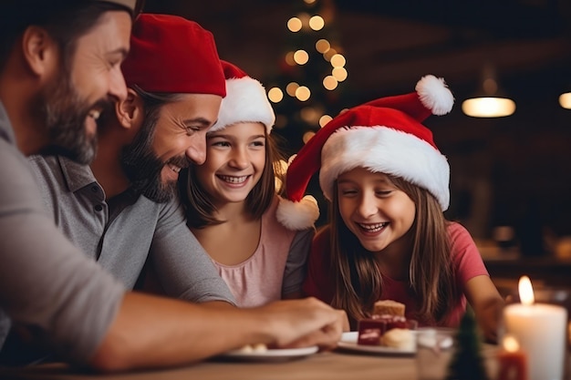 Feestelijke saamhorigheid Gelukkige familie in kersthoeden Vreugdevolle momenten van gezamenlijke feestvreugde