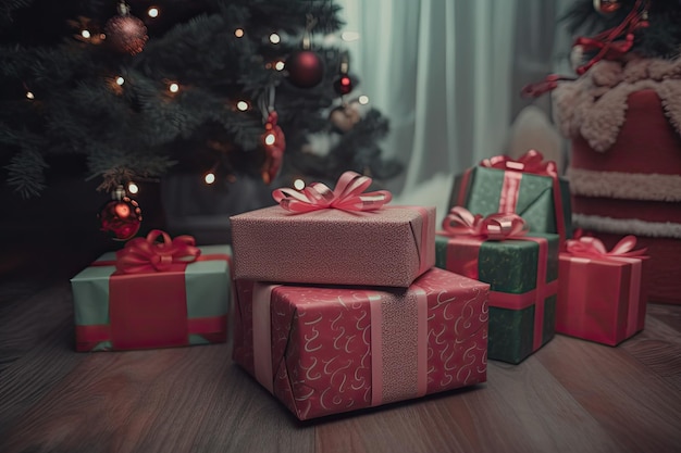 Feestelijke scène met kerstcadeautjes onder een boom Generatieve AI