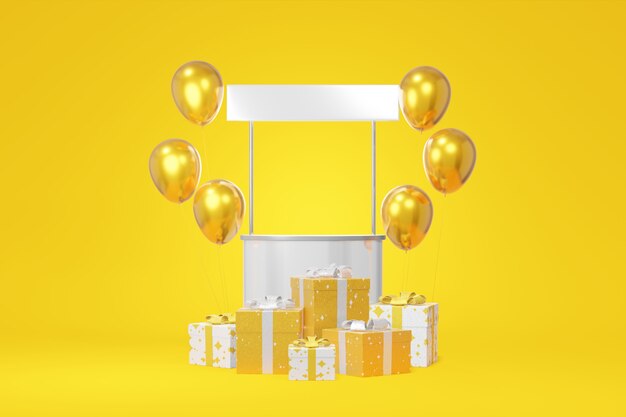 Feestelijke stand promotie voorraad witte geschenkdoos mockup, gouden ballon gele achtergrond. Reclame winkelverkoop. Concept zwarte vrijdag, Kerstmis, Nieuwjaar. 3D-weergave