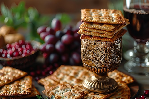 Feestelijke tafel gebonden voor een traditionele Pascha-seder met een beker van de profeet Elia en matzo
