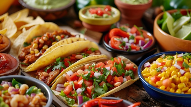 Feestelijke tafel versierd met traditionele Mexicaanse gerechten, waaronder heerlijke taco's