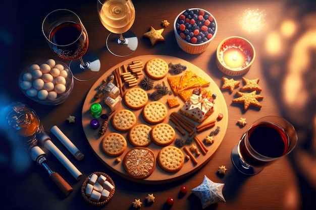 Feestelijke tafel voor nieuwjaarsvakantie met hapjes, drankjes en snacks in de vorm van crackers