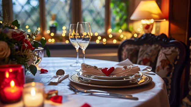 Feestelijke tafelinrichting met eetgerei kaarsen en prachtige rode bloemen in vaas