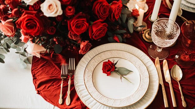 Feestelijke tafelinrichting met eetgerei kaarsen en prachtige rode bloemen