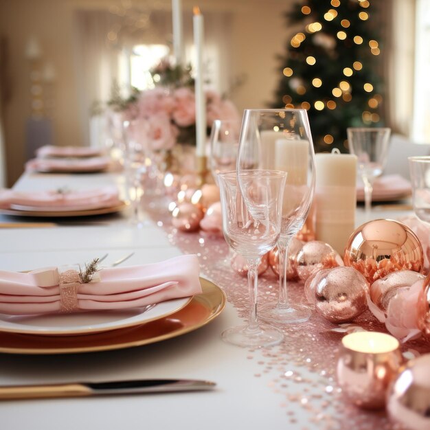 Foto feestelijke tafelinrichting met gouden en roze accenten