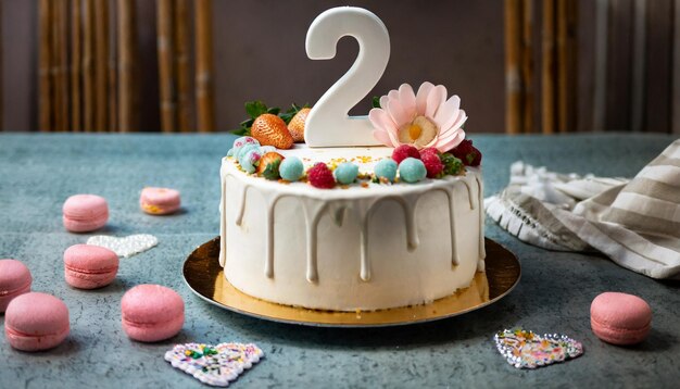 Feestelijke verjaardag crème taart voor twee jaar oud kind nummer 2 jaar verjaardag viering Zoet eten