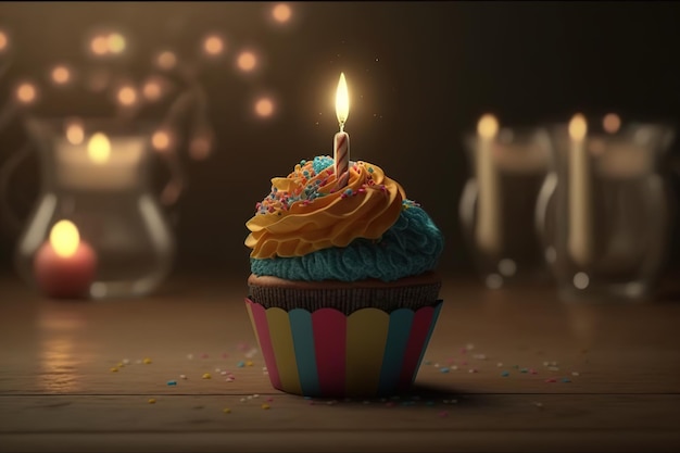 Feestelijke verjaardag cupcake met kaarsen generatieve AI