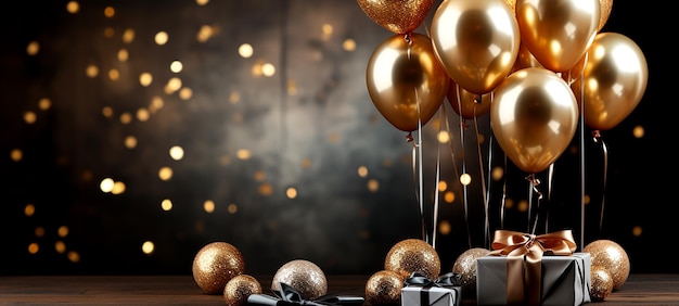Feestelijke verjaardagssfeer met gouden folieballonnen tegen een achtergrond van luxe