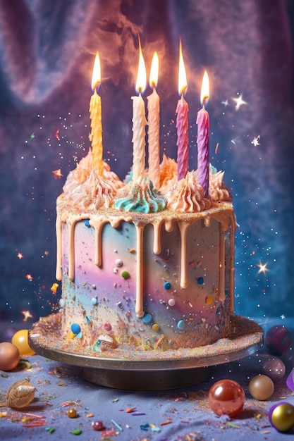 Feestelijke verjaardagstaart met brandende kaarsen en confetti gemaakt met generatieve ai