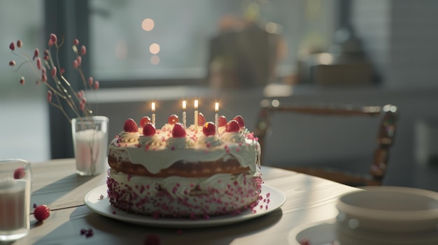 Feestelijke verlichte verjaardagstaart met aardbeien in een gezellige sfeer