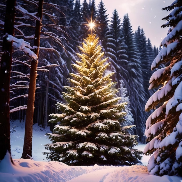 Feestelijke versierde kerstboom in een sneeuwlandschap in de open lucht