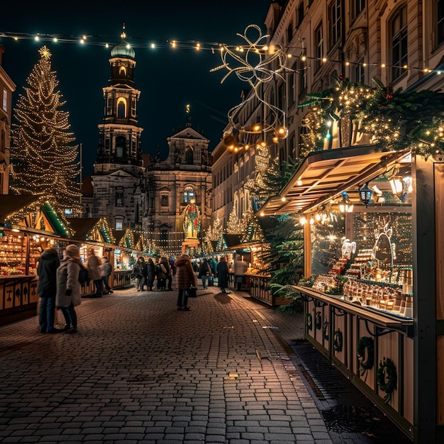 Feestelijke versieringen op de Europese kerstmarkt's nachts