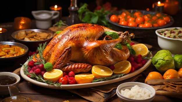 Feestelijke viering geroosterde kalkoen met saus voor Thanksgiving of Kerstmis