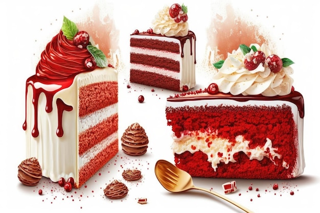 Feestelijke zoete taarten met crème rode fluwelen cake op witte achtergrond gemaakt met generatieve ai