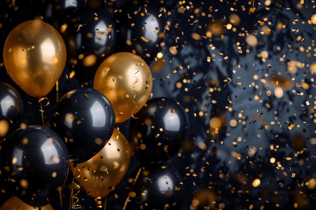 Feesten achtergrond met zwarte en gouden ballonnen serpentine confetti vonken