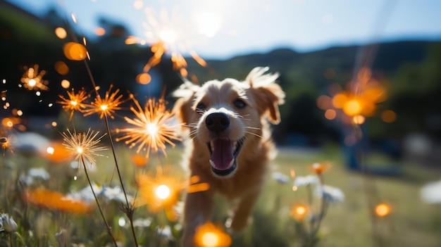 Feesten met je huisdieren en honden met vonkellichten en veilige pyrotechnieken die ze niet bang maken.