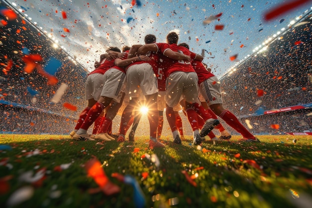 Feestmoment met spelers die elkaar omhelzen na een succesvol doelpunt