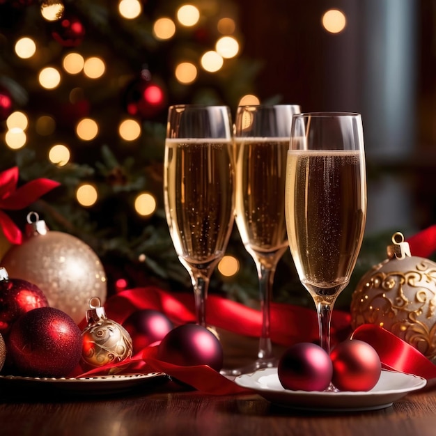 feesttafel met champagne en kerstversieringen