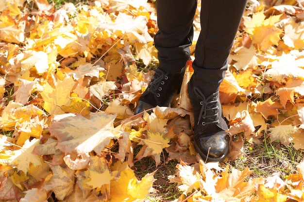 Feet in black lace-up shoes and black trousers standing on the ground strewn with yellow leaves