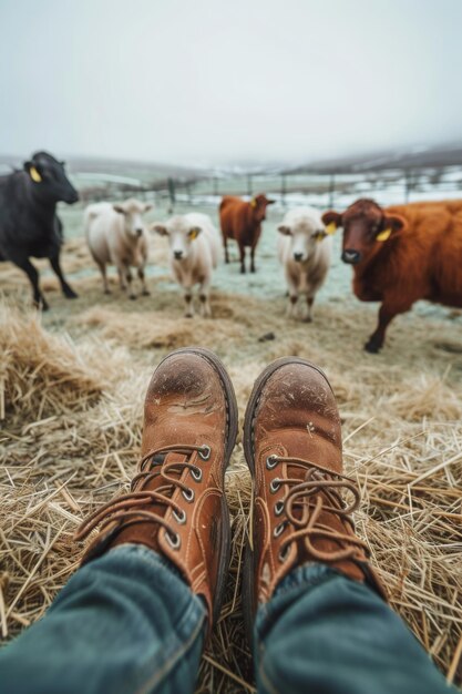 Feet in boots on a farm among hay and cows