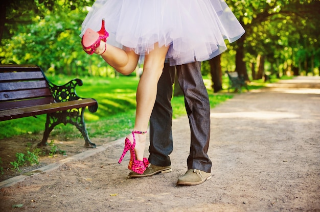 Feet of the bride and groom