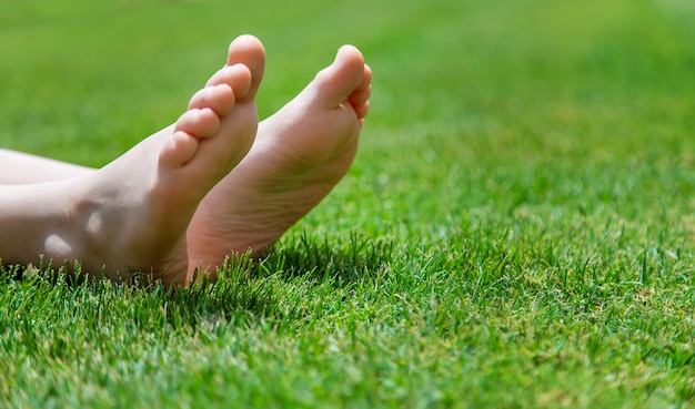 Feet of a child on the lawn on the grass. Kid.