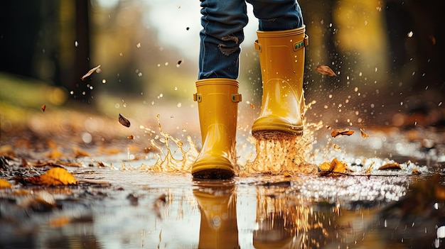 雨の中水たまりを飛び越える黄色いゴム長靴を履いた子供の足