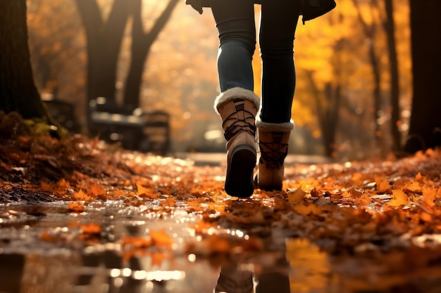 Photo feet and foot walking in an autumn park generative ai