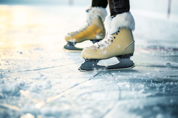 빙상장 출발선 에서 아이스 스케이트 를 착용 한 발