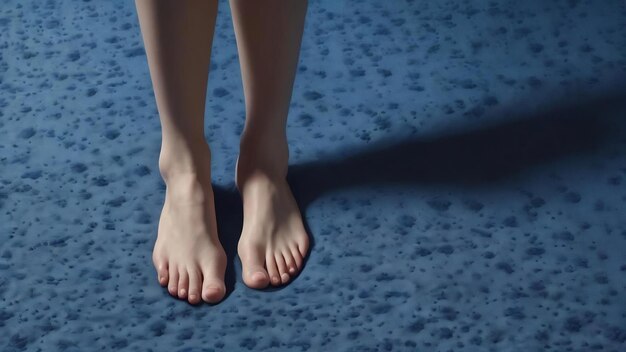 Feet imprints on blue cloth