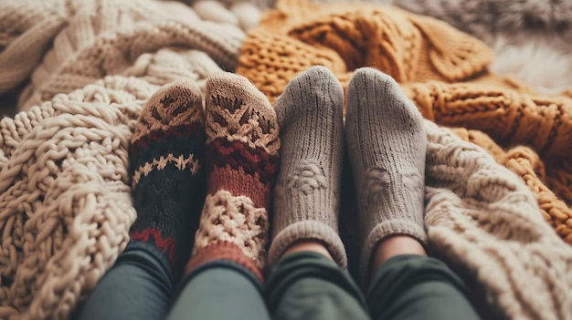 feet in knitted woollen socks peeking out from under a knitted warm blanket in winter warm and cosy