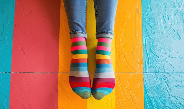 Foto piedi in calzini multicolori su uno sfondo multicolore