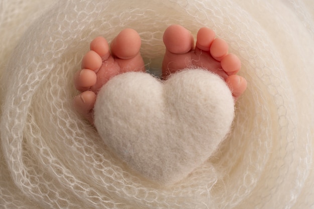 The feet of a newborn baby are wrapped in a knitted blanket. The fingers of a newborn baby are holding a white knitted heart. High quality photo