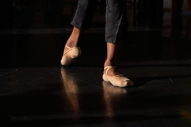 Feet of a professional ballet dancer in a warm-up before\
rehearsal