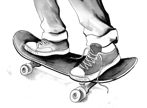 Feet on skateboard. Ink black and white drawing