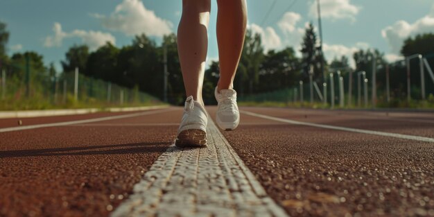 feet in sneakers of a man running along the path Generative AI