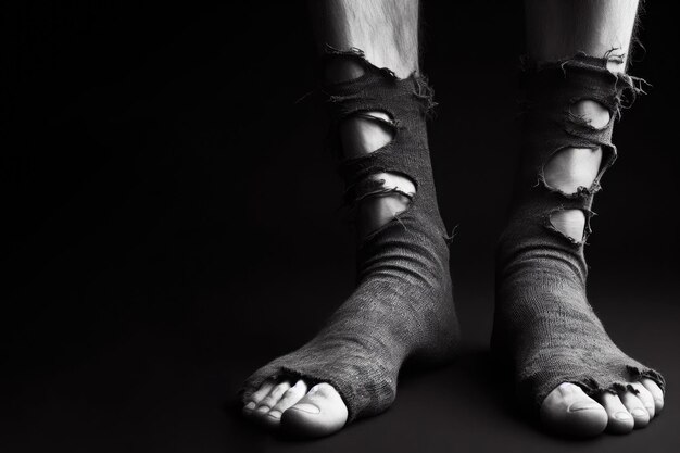 Feet in torn socks on a dark background Place for text