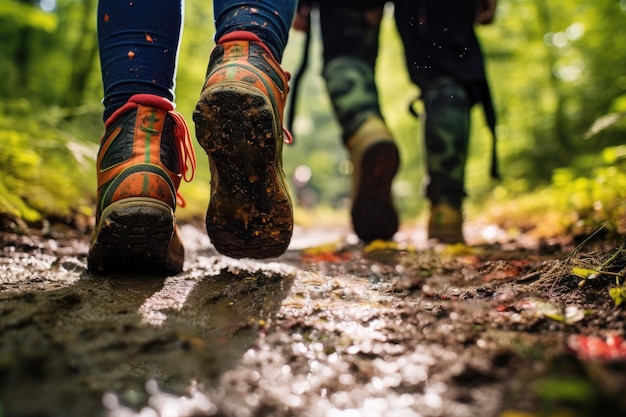 Feet of tourists on a trail in the forest close up The concept of tourism and outdoor hiking