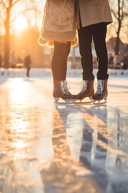 the feet of two love couple figure skaters as they glide across the ice