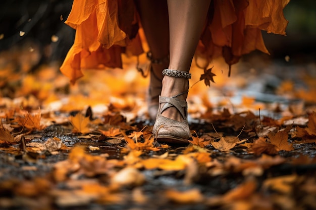 Feet walk along bright orange autumn leaves