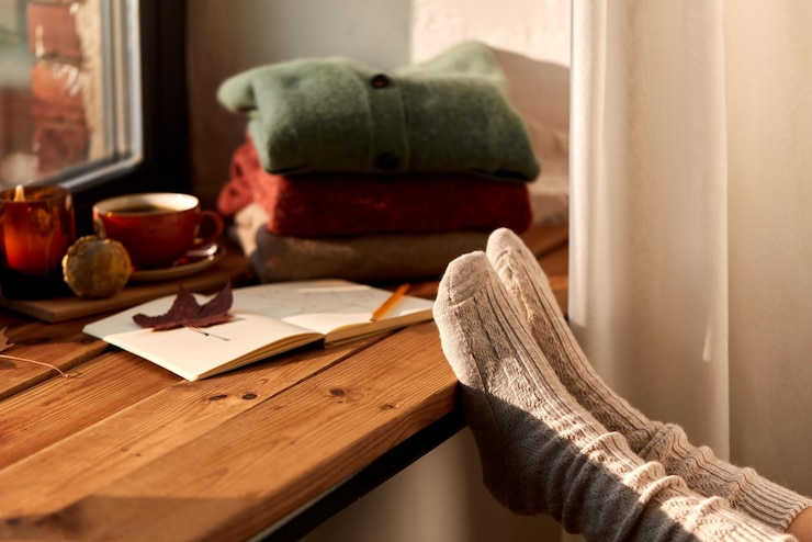Photo feet in warm socks on windowsill at home in autumn