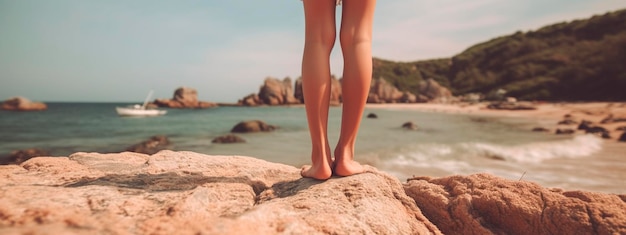 Feet of a woman is walking along the beach Generative AI