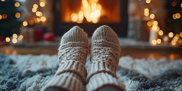 Feet in Wool Socks by Fireplace A Cozy Winter Holiday Scene Concept Winter Cozy Holiday Wool Socks Fireplace