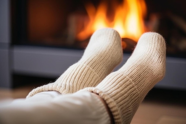 Foto piedi in calze di lana riscaldati da un fuoco accogliente