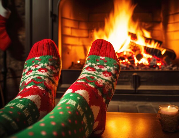 Foto piedi in calzini di lana vicino al caldo camino di natale generativo ai