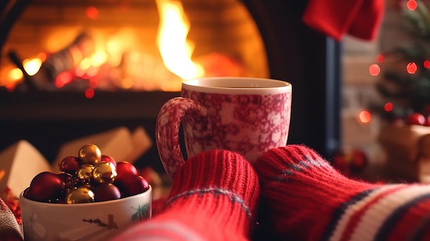 Feet in woollen socks by the Christmas fireplace Generative Ai