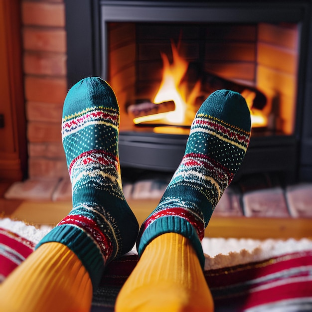 Foto piedi in calzini di lana accanto al camino di natale gli uomini si rilassano accanto al fuoco caldo